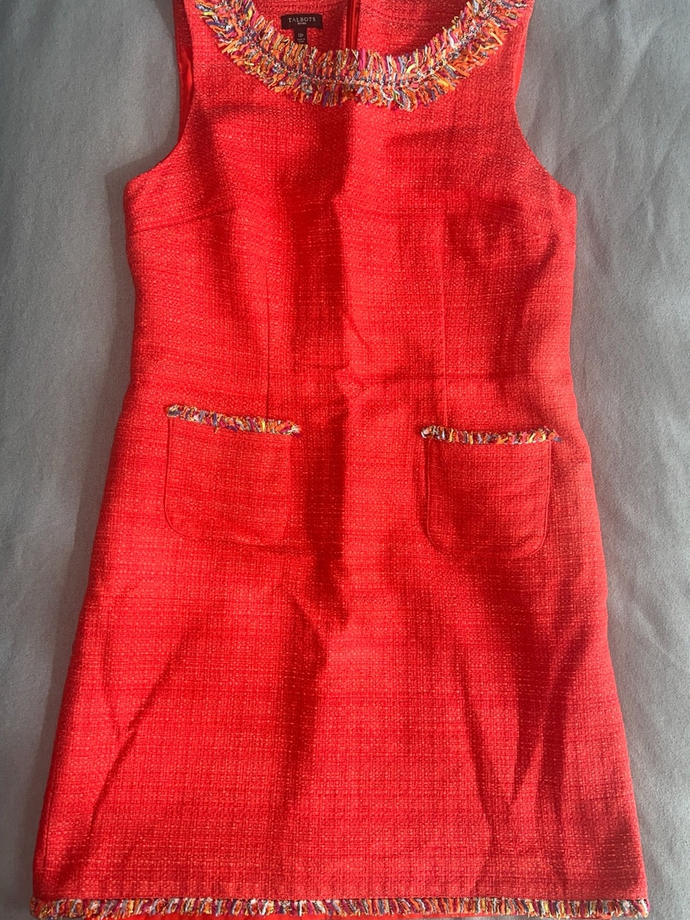Talbots Coral Tweed Sleeveless Shift Dress with Multicolor Fringe